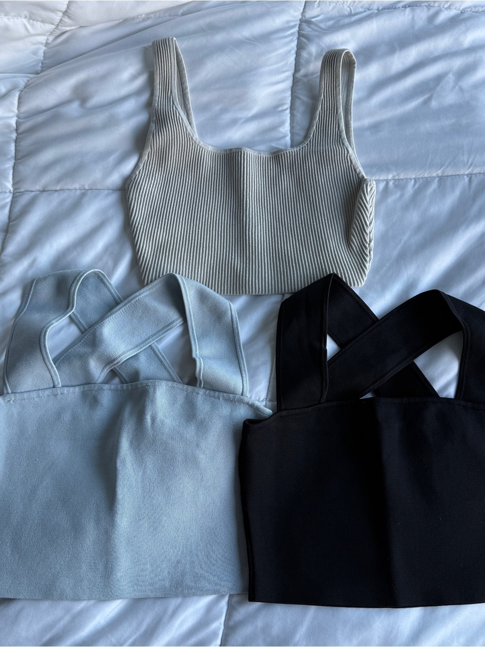 Aritzia Ribbed Square-Neck Crop Tank Trio - Black, Light Blue, Cream